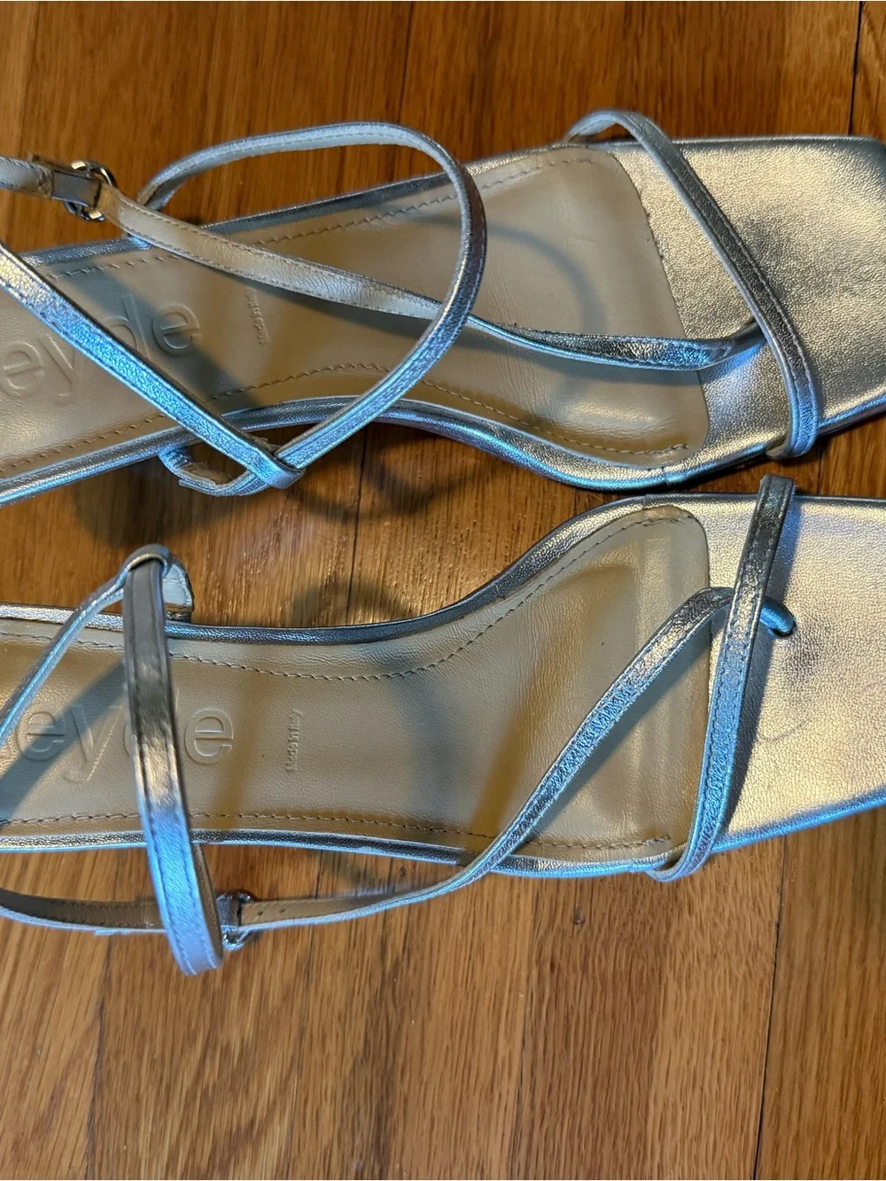 Aeyde Elise Silver Strappy Mid-Heel Sandals